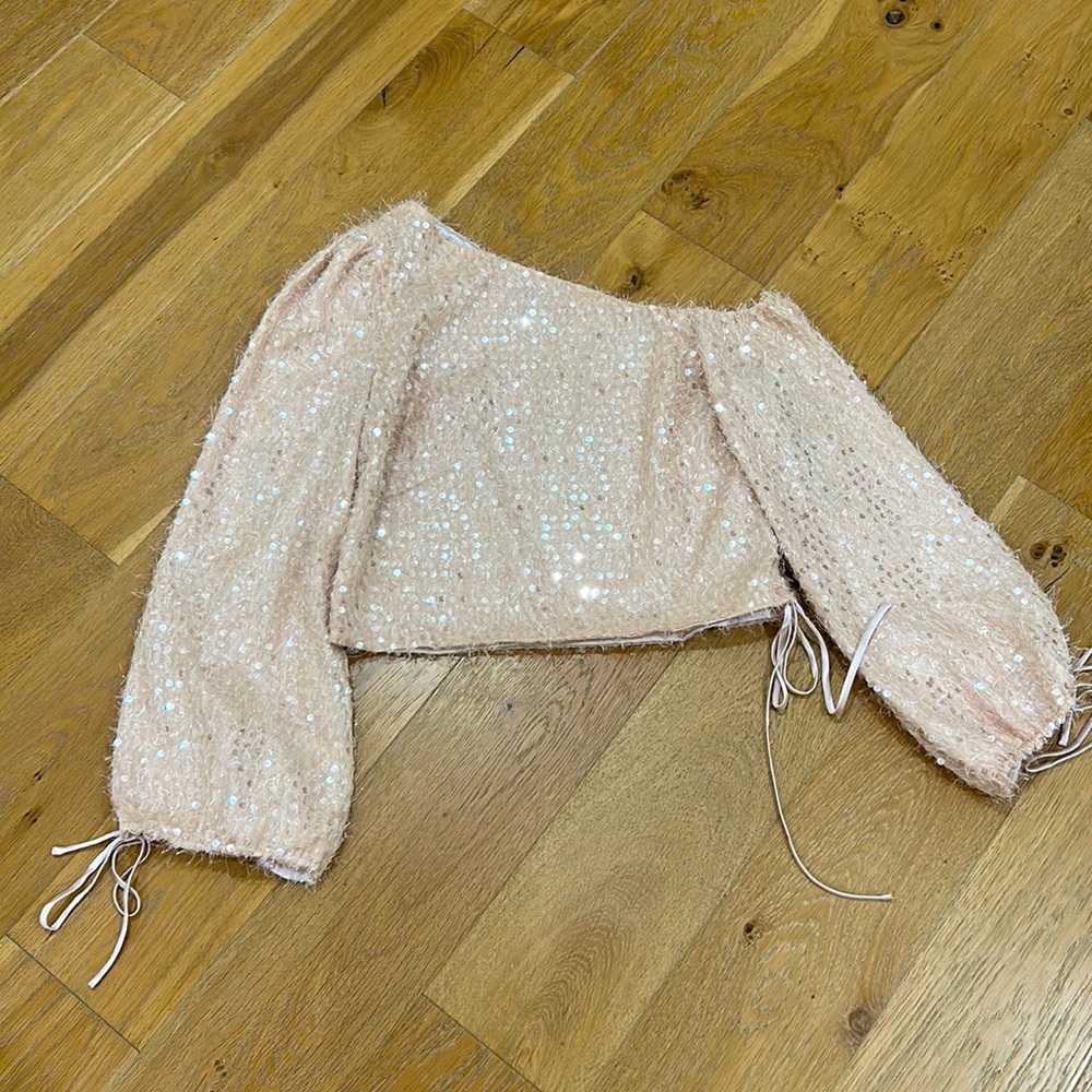 Majorelle Small Blush Sequin Off One Shoulder Long Sleeve Blouse